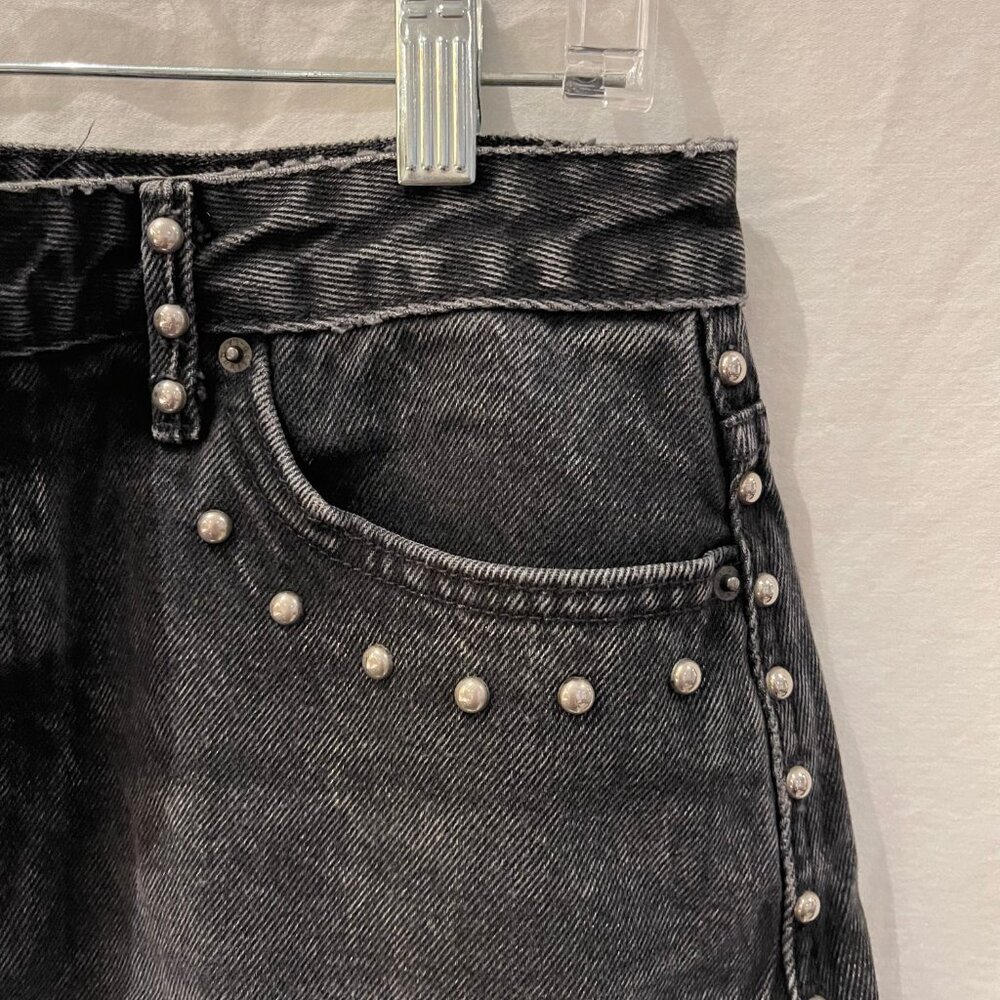 GRLFRND EVA STUDDED AND GUSSET A-FRAME BLACK DENIM MINI SKIRT, RAW EDGE, SIZE 29 - Picture 11 of 13